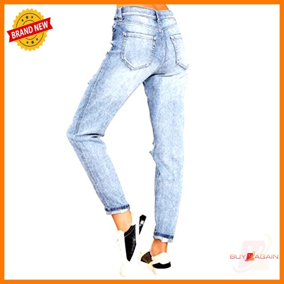 Stretch High Waisted Ripped Boyfriend Jeans Slim Fit Distressed Denim Pants - Picture 2 of 7